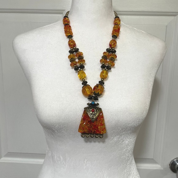 VTG Amber Beaded Chunky Necklace Statement Pendant Lucite Acrylic Tibet Style - Picture 1 of 9